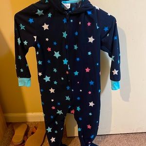 Hooded footless pajamas with an owl on the hood.